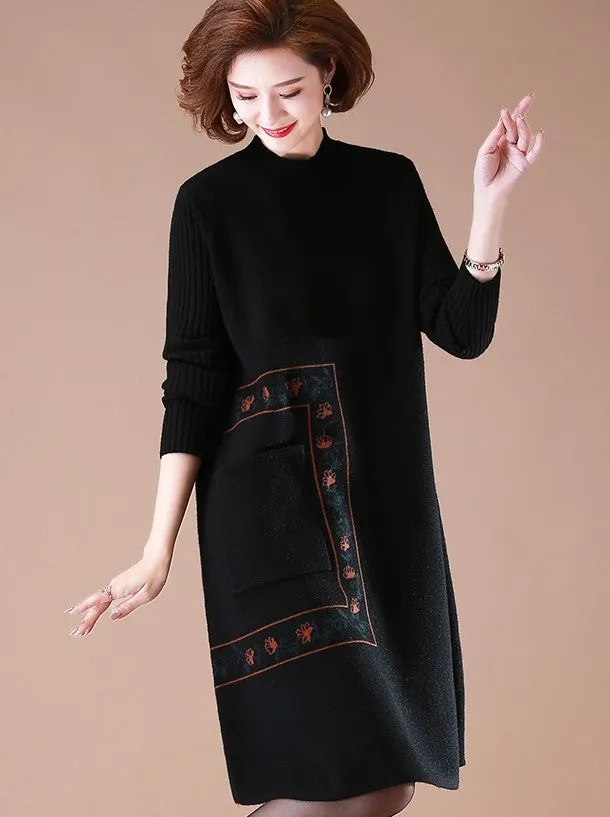 Floral Embroidery Long Sleeve Knee Length A-line Knit Dress with Pocket
