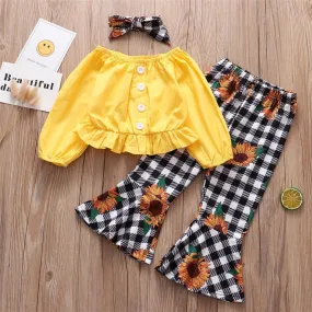 Girls Long Sleeve Solid Tops&Floral Flare Pants Wholesale Baby Girl Clothes