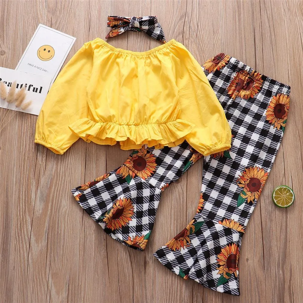 Girls Long Sleeve Solid Tops&Floral Flare Pants Wholesale Baby Girl Clothes