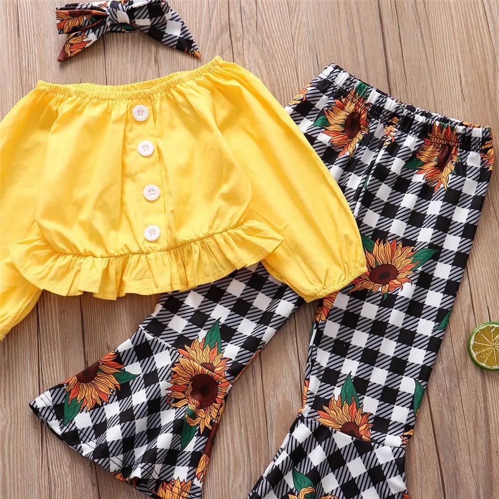 Girls Long Sleeve Solid Tops&Floral Flare Pants Wholesale Baby Girl Clothes