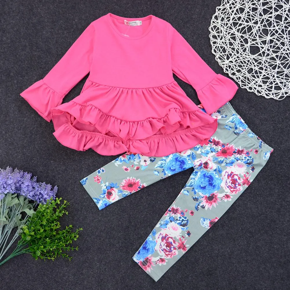 Girls Solid Flared Sleeve Top & Floral Pants Wholesale Girls Clothes