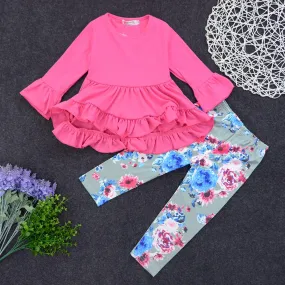 Girls Solid Flared Sleeve Top & Floral Pants Wholesale Girls Clothes