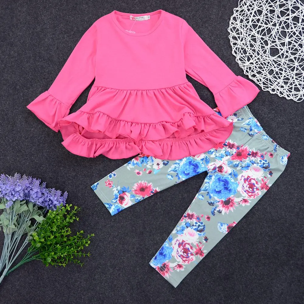 Girls Solid Flared Sleeve Top & Floral Pants Wholesale Girls Clothes