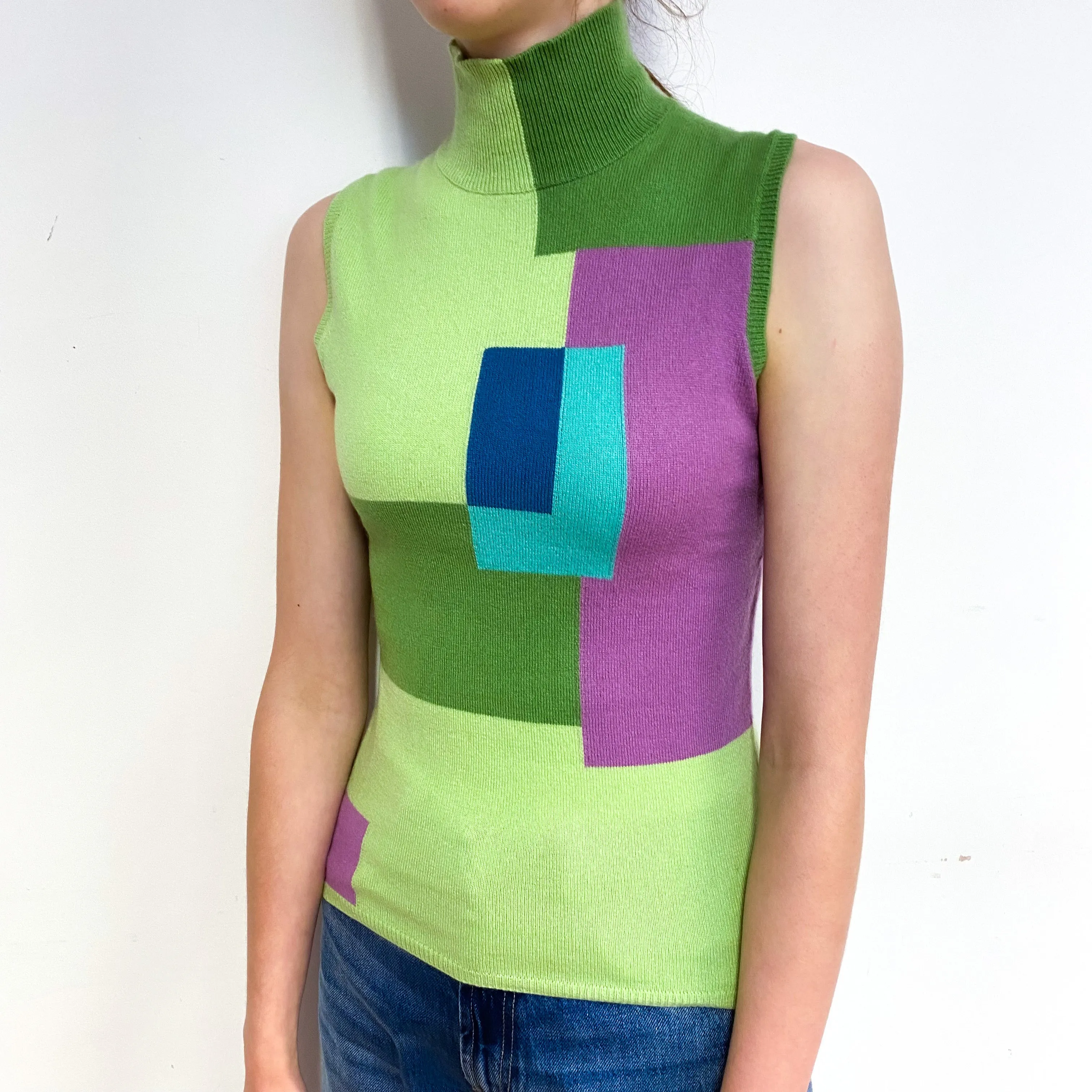 Green Colour Block Cashmere Sleeveless Turtle Neck Jumper Extra Small