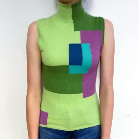 Green Colour Block Cashmere Sleeveless Turtle Neck Jumper Extra Small
