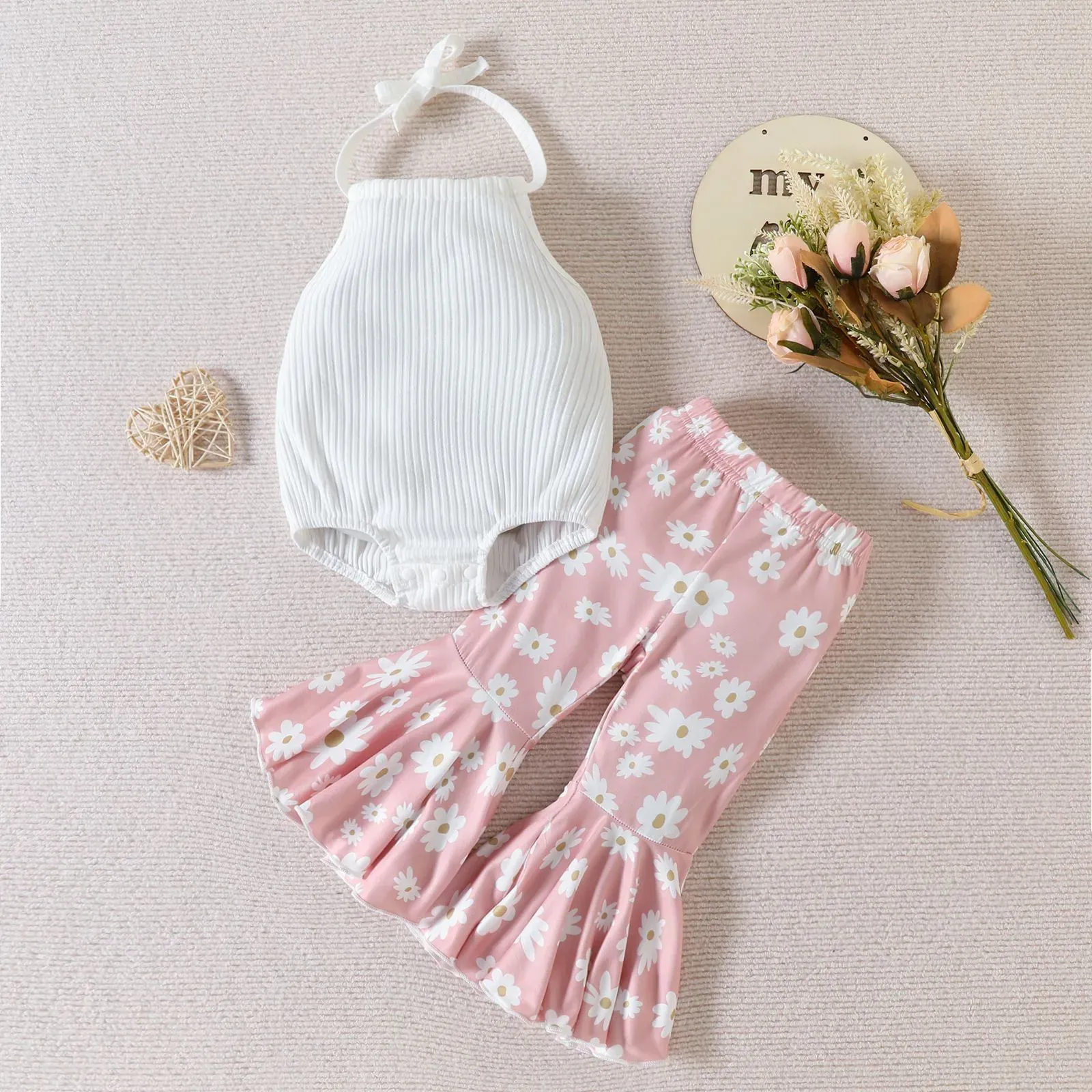 Halter Top and Floral Flared Pants Outfit