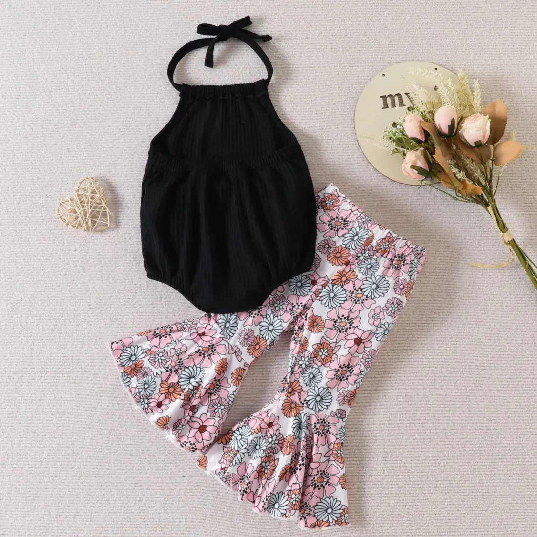 Halter Top and Floral Flared Pants Outfit