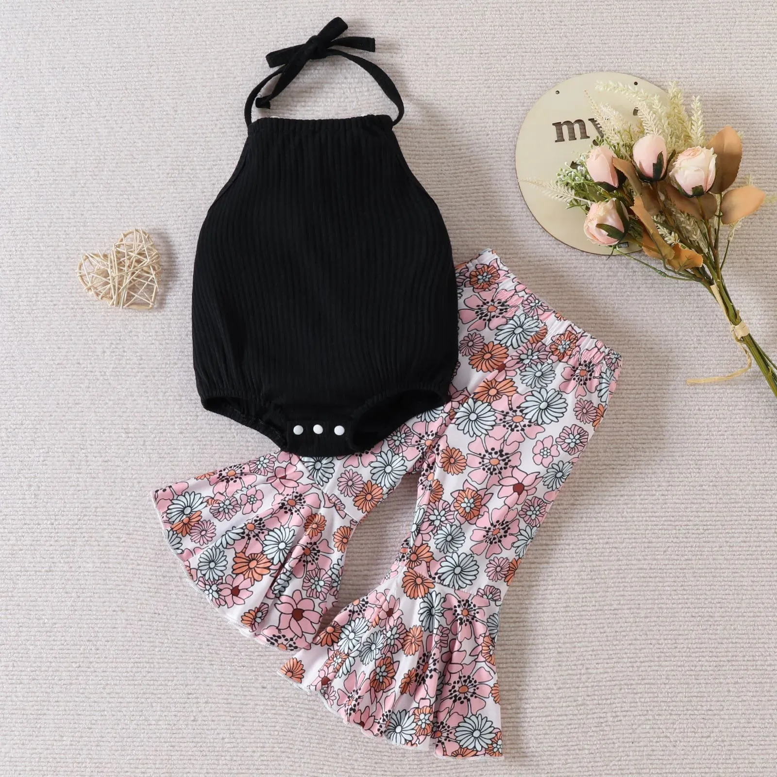Halter Top and Floral Flared Pants Outfit
