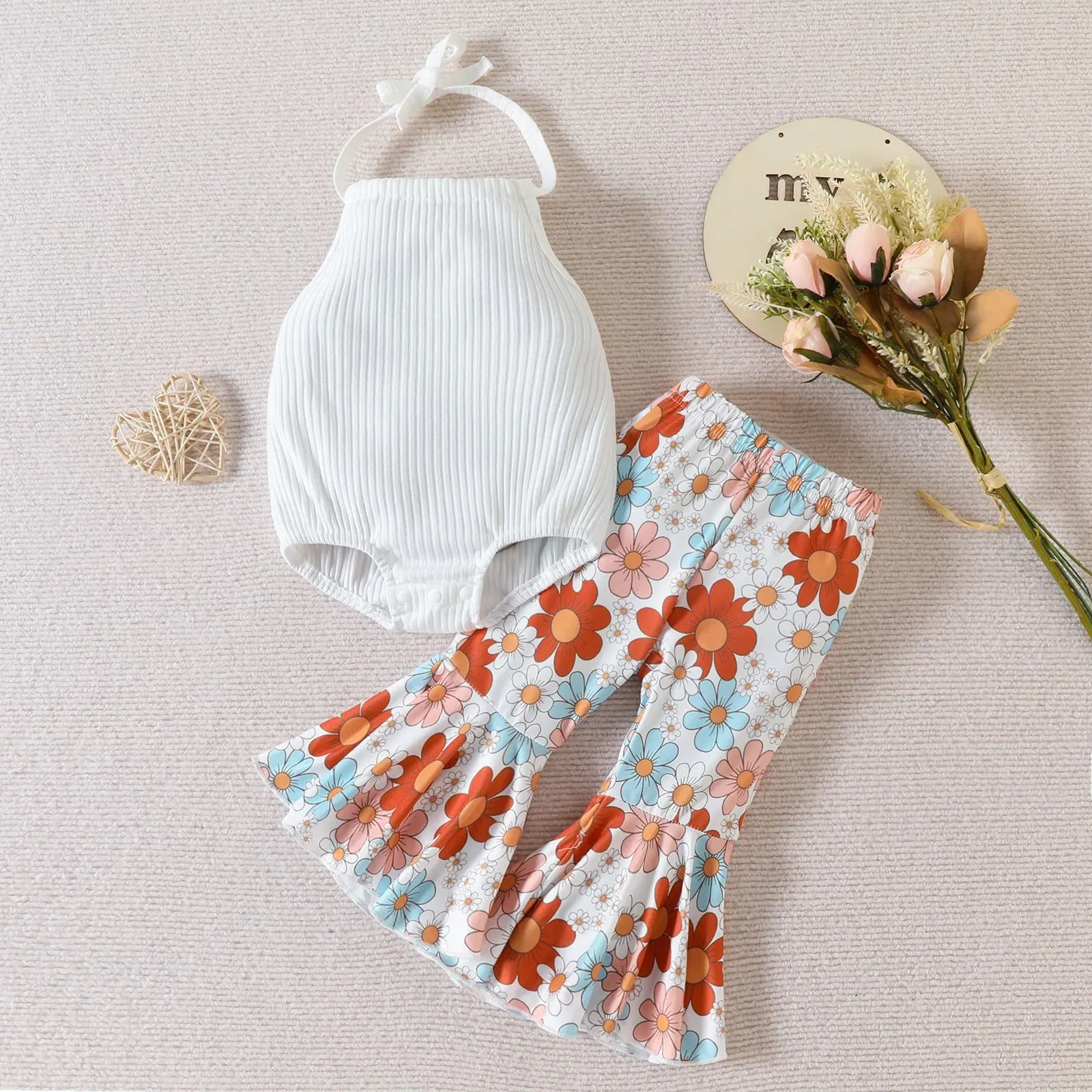 Halter Top and Floral Flared Pants Outfit