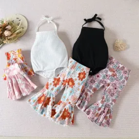 Halter Top and Floral Flared Pants Outfit