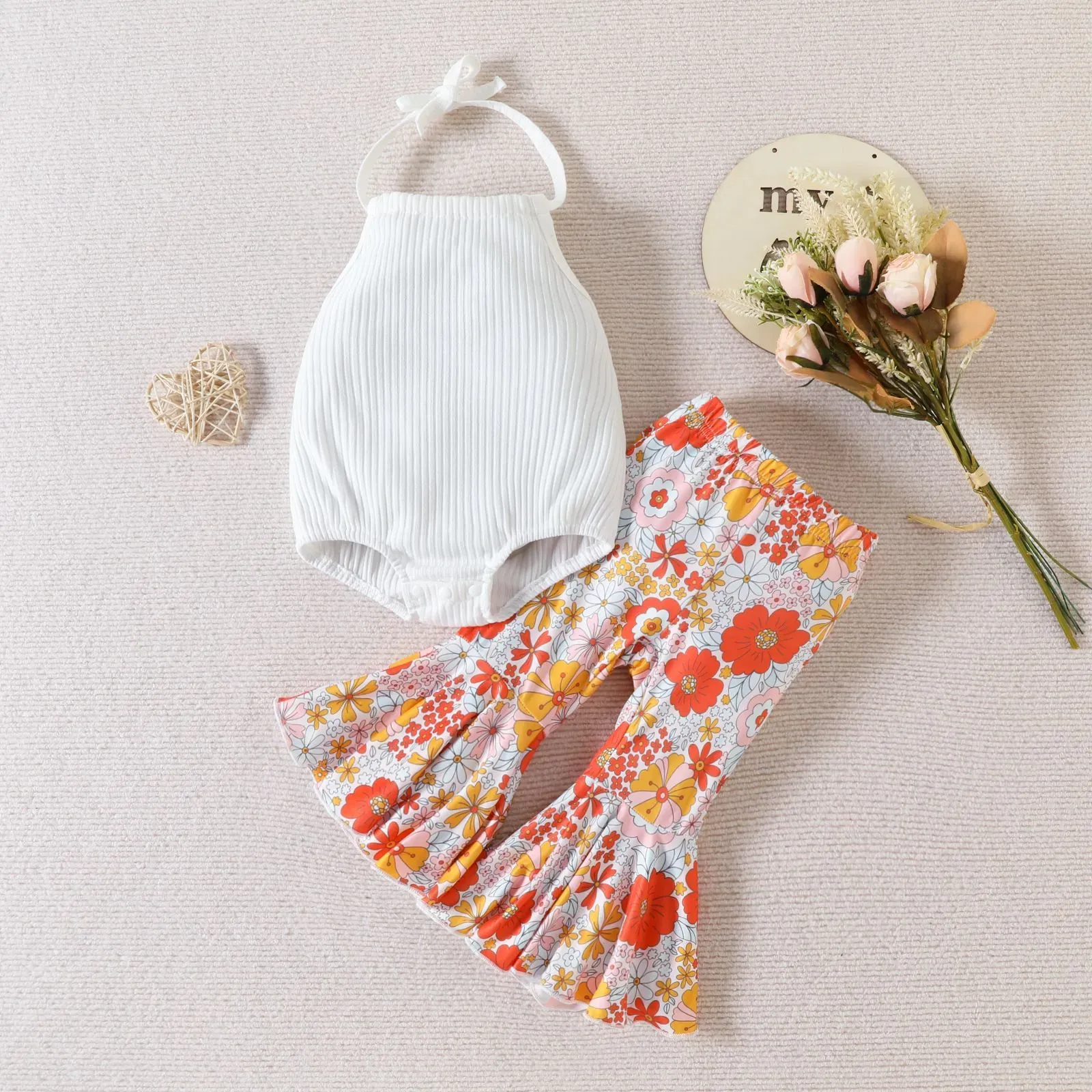 Halter Top and Floral Flared Pants Outfit