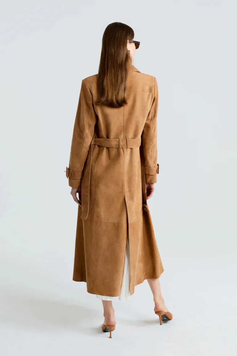 Heera Suede Leather Long Trench Coat Women Outfit