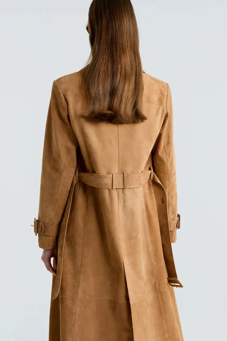 Heera Suede Leather Long Trench Coat Women Outfit