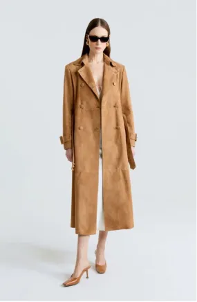Heera Suede Leather Long Trench Coat Women Outfit