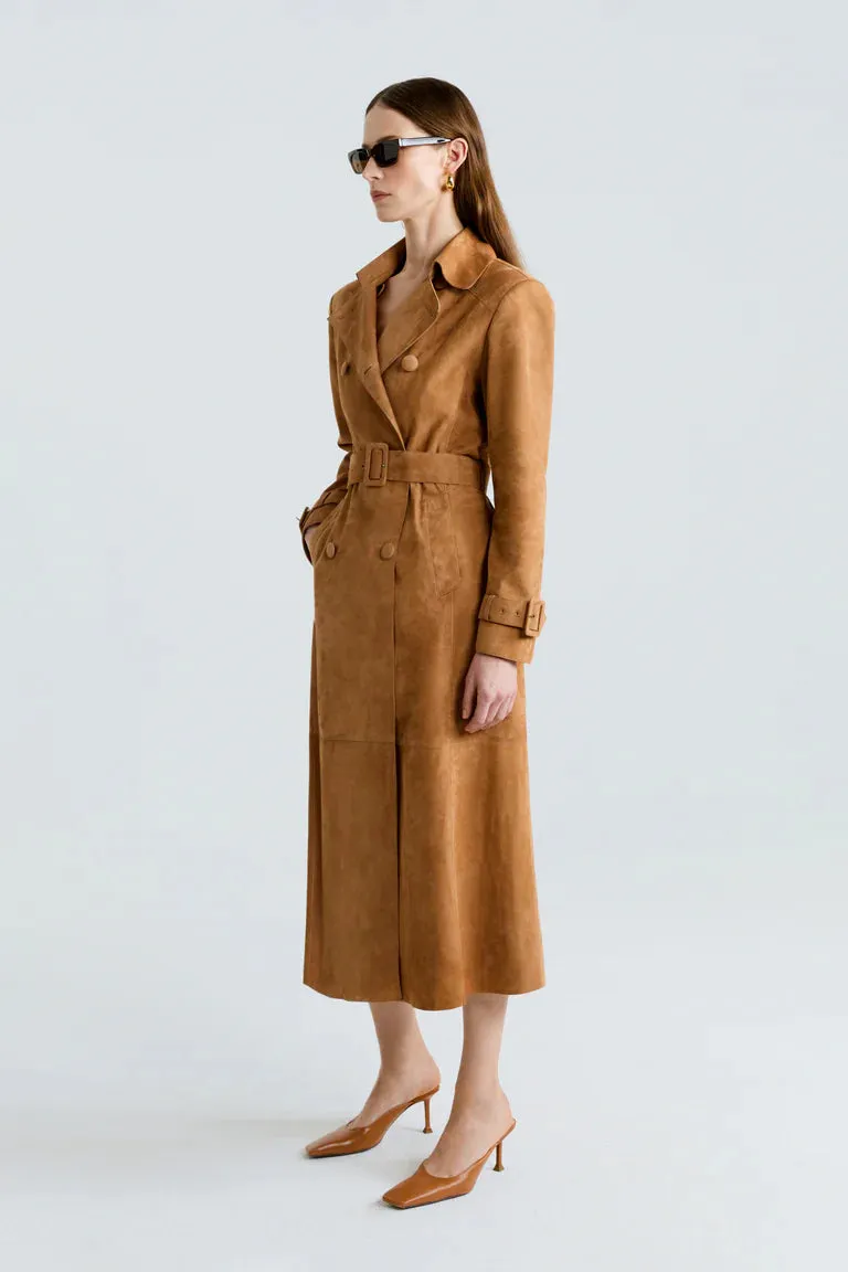Heera Suede Leather Long Trench Coat Women Outfit