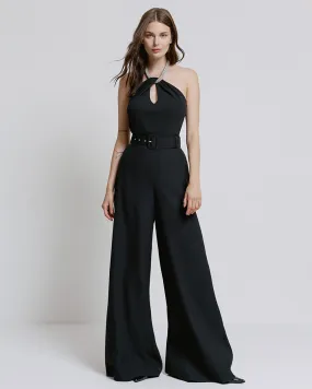 Jumpsuit with Rhinestone-Adorned Neckline