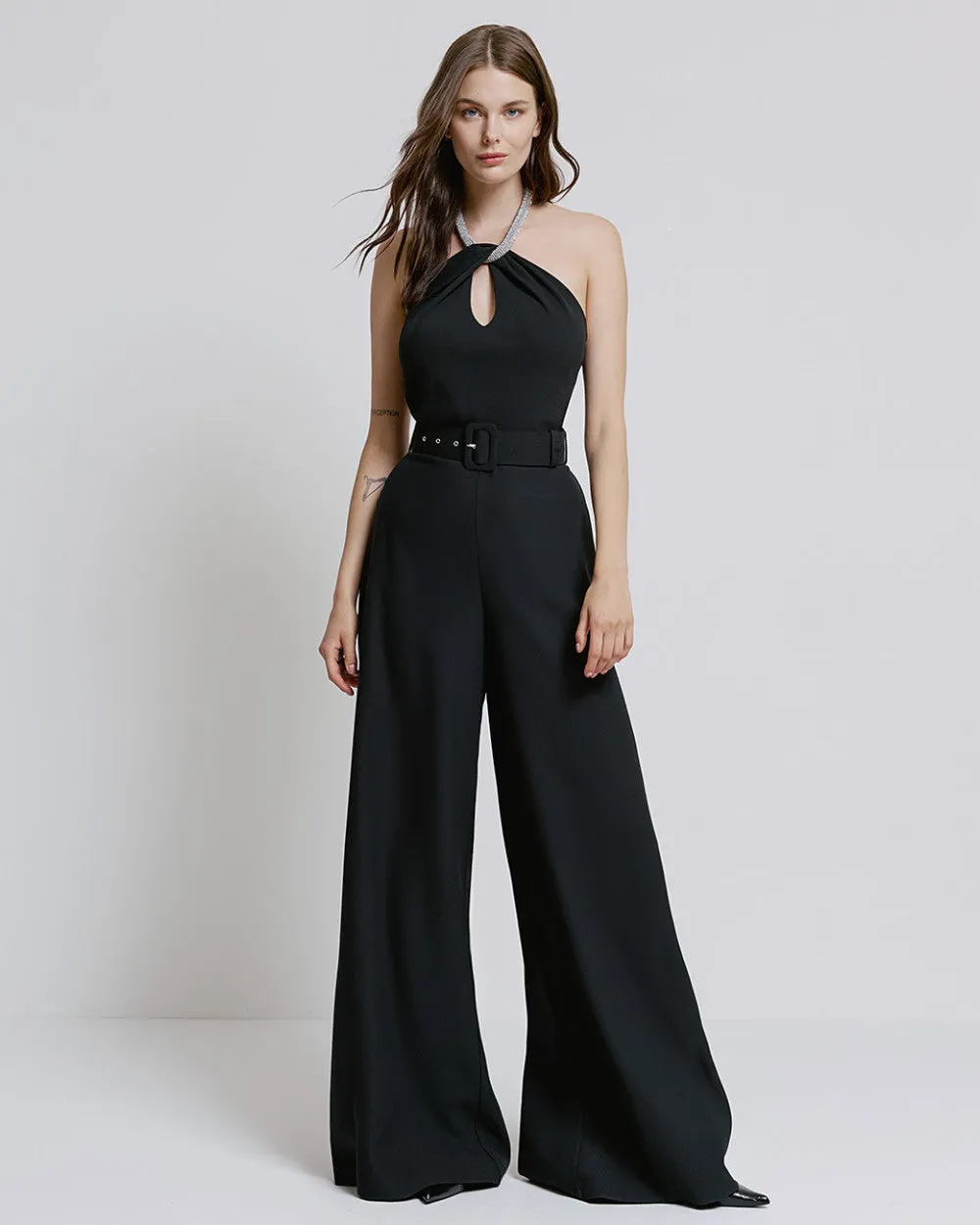 Jumpsuit with Rhinestone-Adorned Neckline