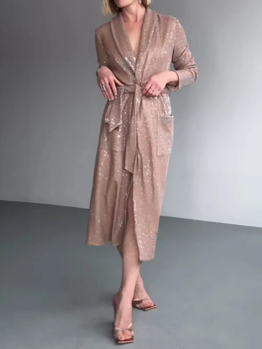 Lace Up Sequined Coat Dress