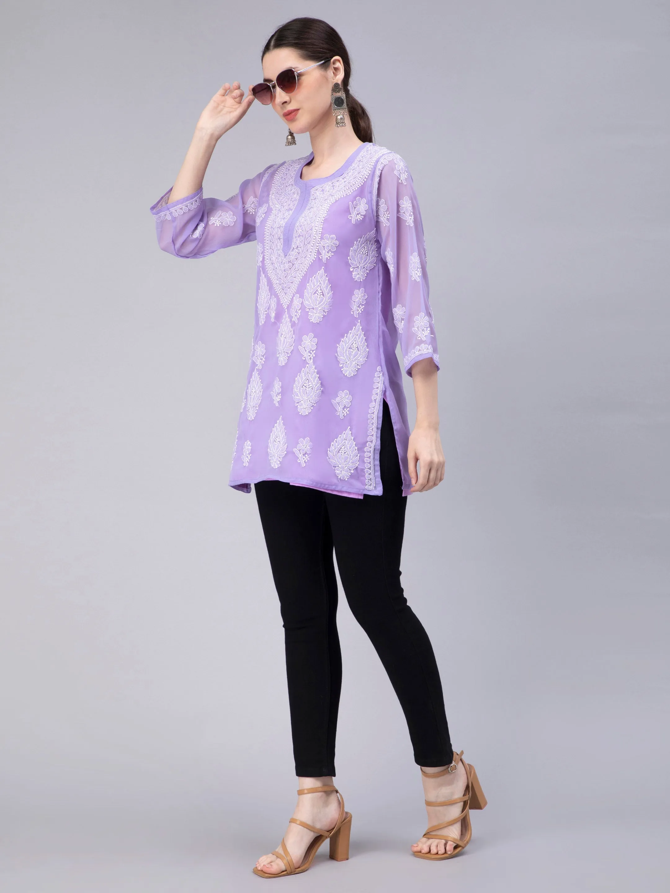 Lavender Georgette Chikankari Tunic Top With Inner Slip