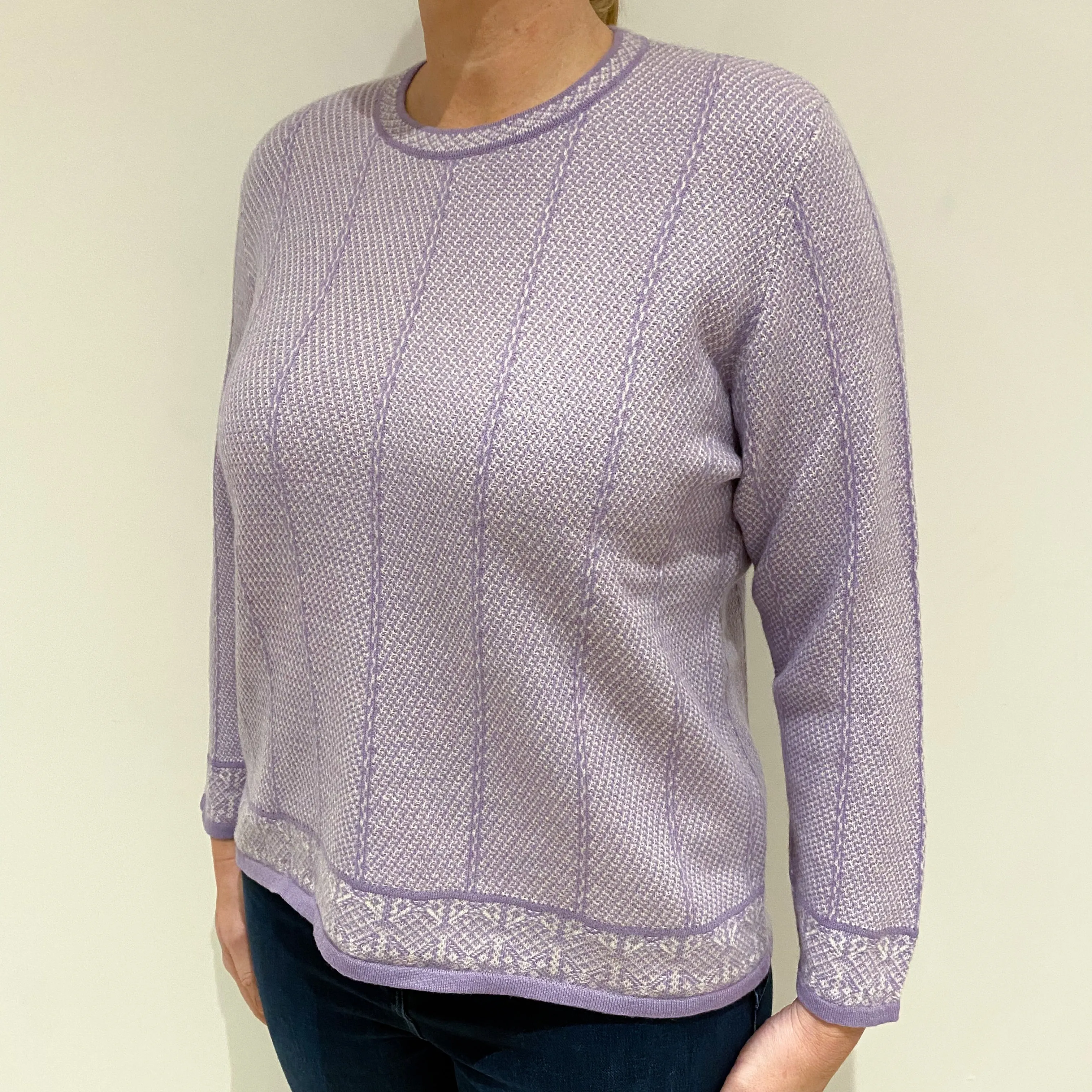 Lavender Purple Patterned Cashmere Crew Neck Jumper Large