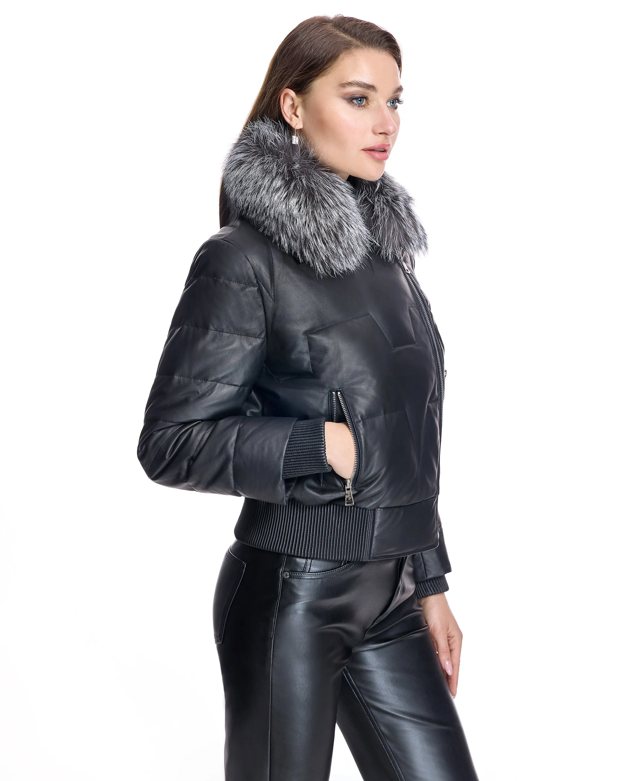 Leather Bomber Jacket With Silver Fox Collar