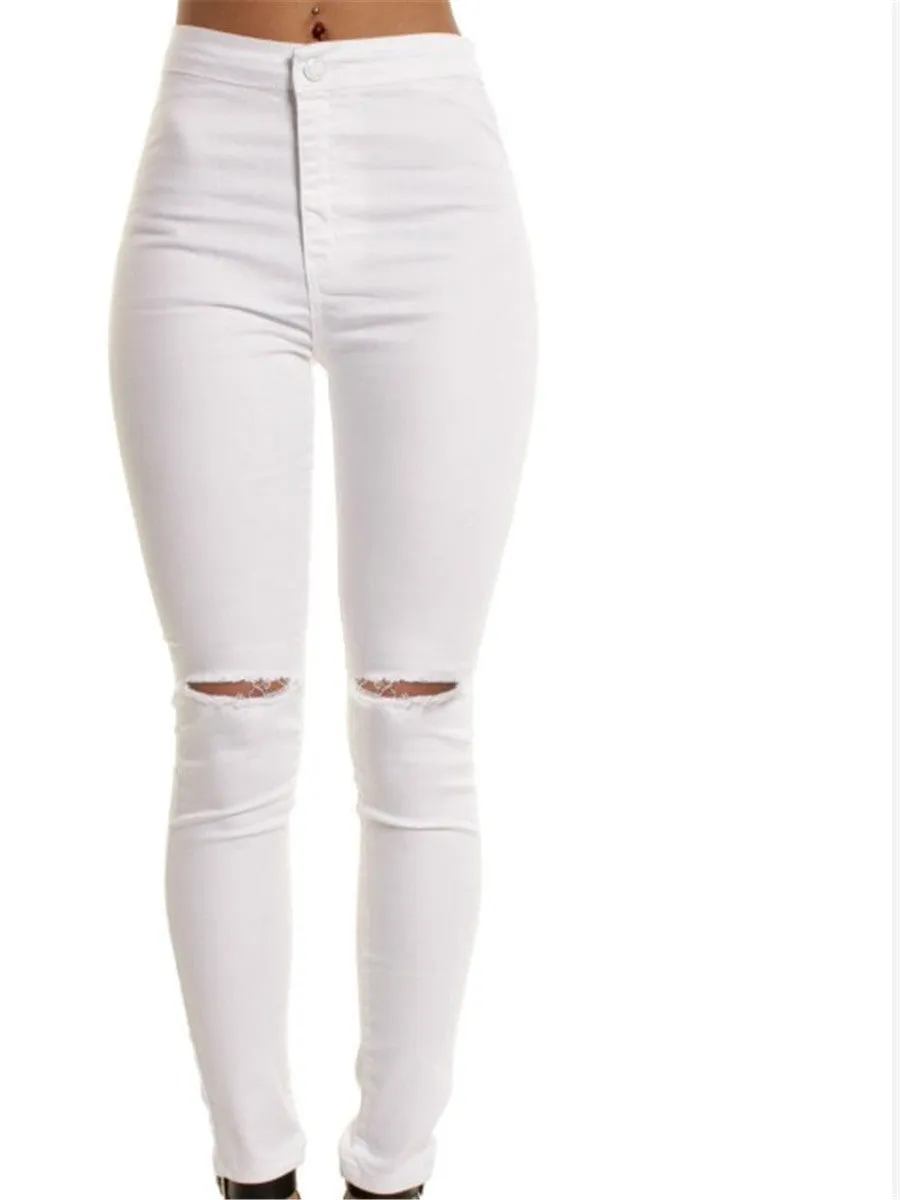 LONGBIDA Elastic Women Ripped Pencil Jeans Mid Waist Zipper Skinny