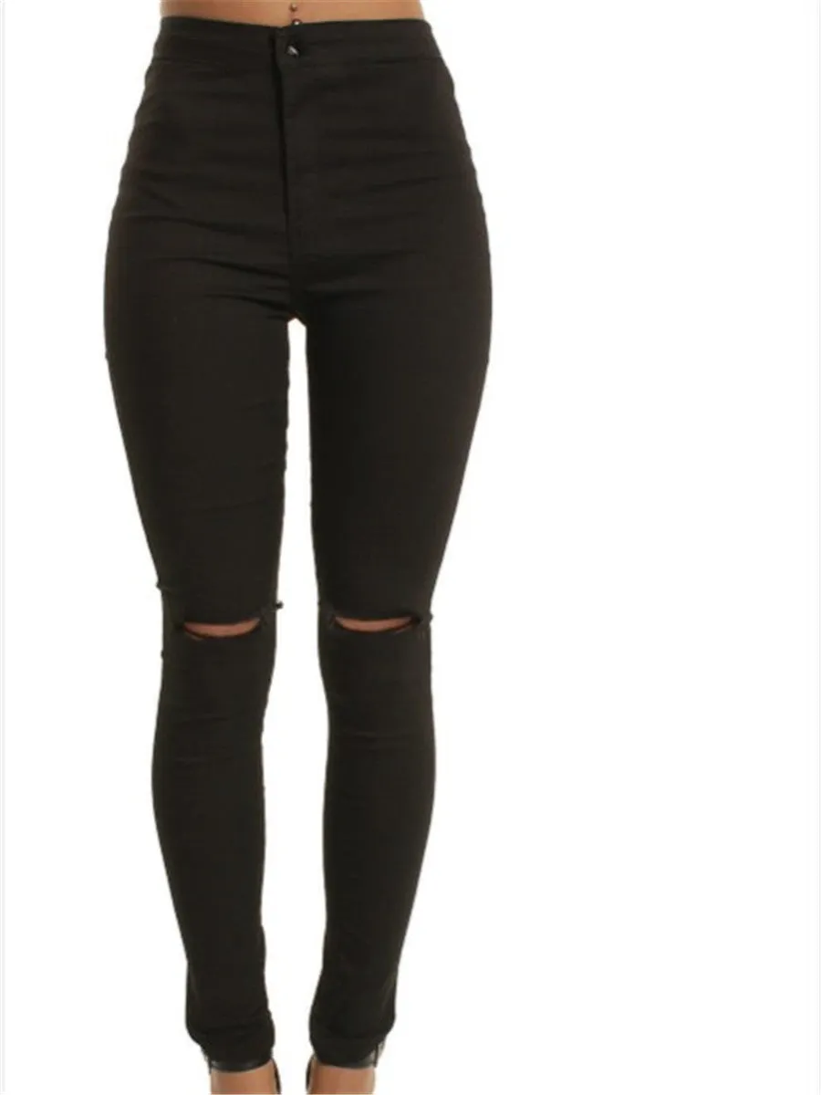 LONGBIDA Elastic Women Ripped Pencil Jeans Mid Waist Zipper Skinny