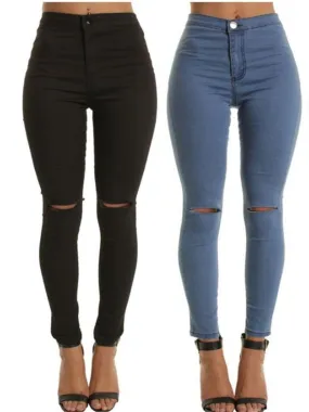 LONGBIDA Elastic Women Ripped Pencil Jeans Mid Waist Zipper Skinny
