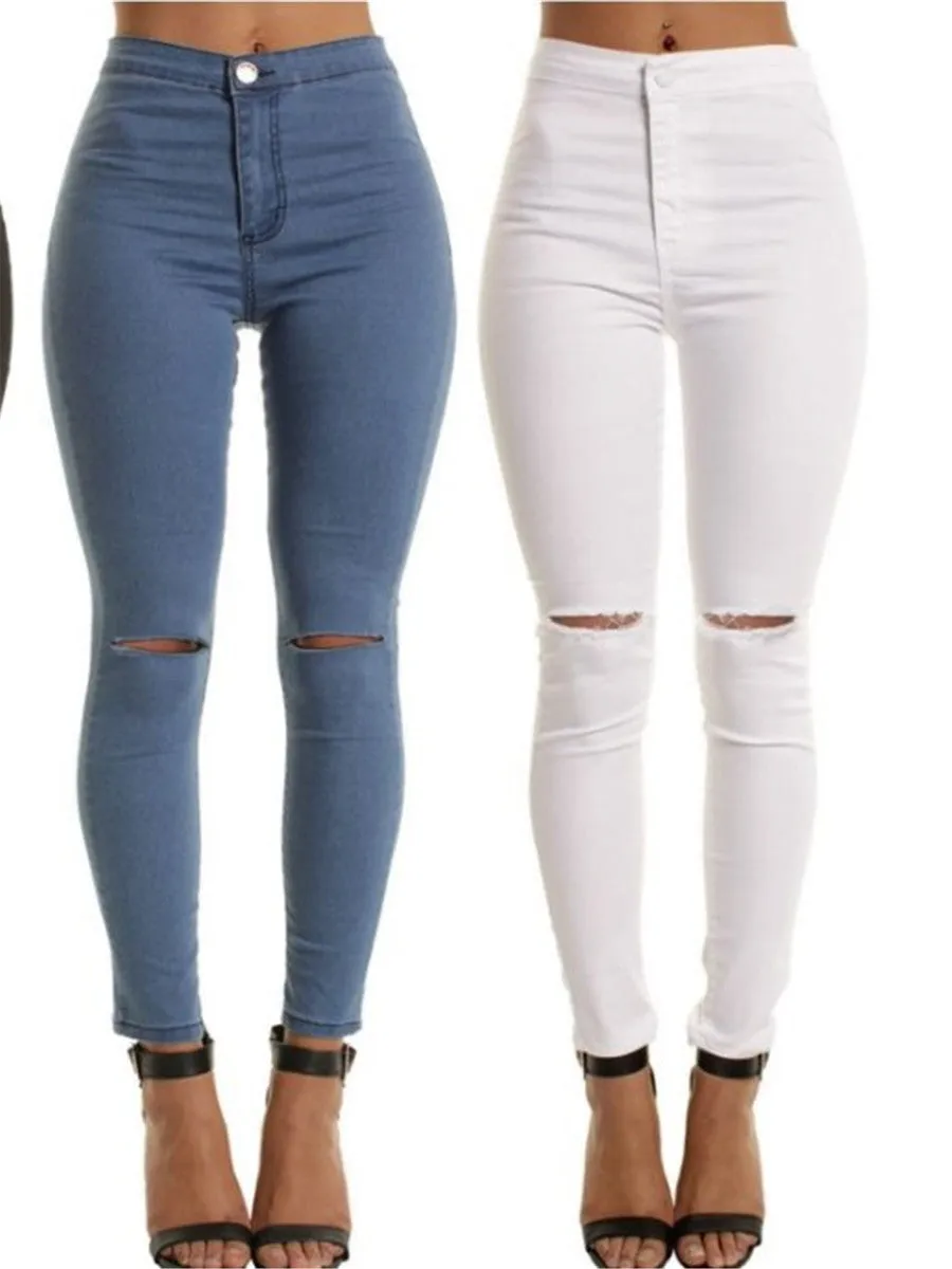 LONGBIDA Elastic Women Ripped Pencil Jeans Mid Waist Zipper Skinny