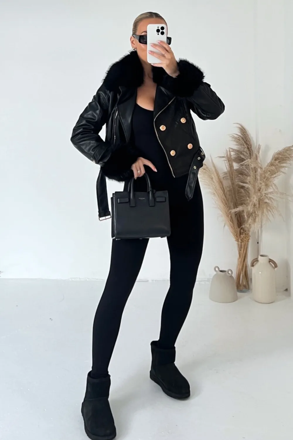 Louise black fur collar faux leather jacket
