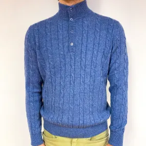 Men's Denim Blue Cashmere Buttoned Turtle Neck Jumper Large