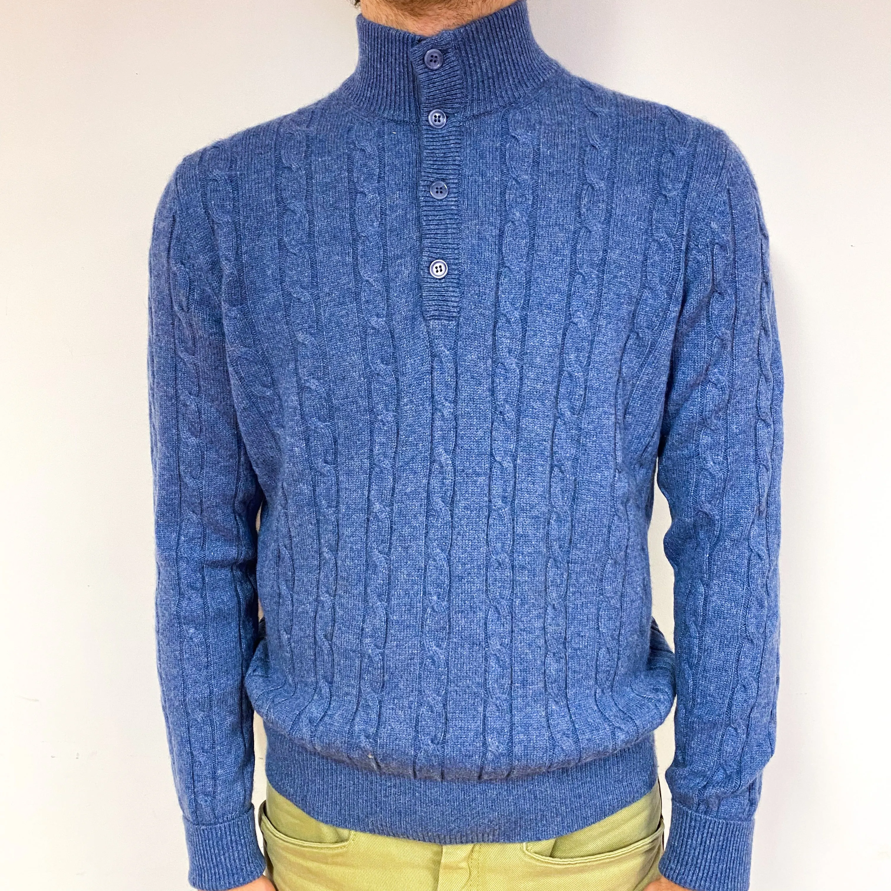 Men's Denim Blue Cashmere Buttoned Turtle Neck Jumper Large