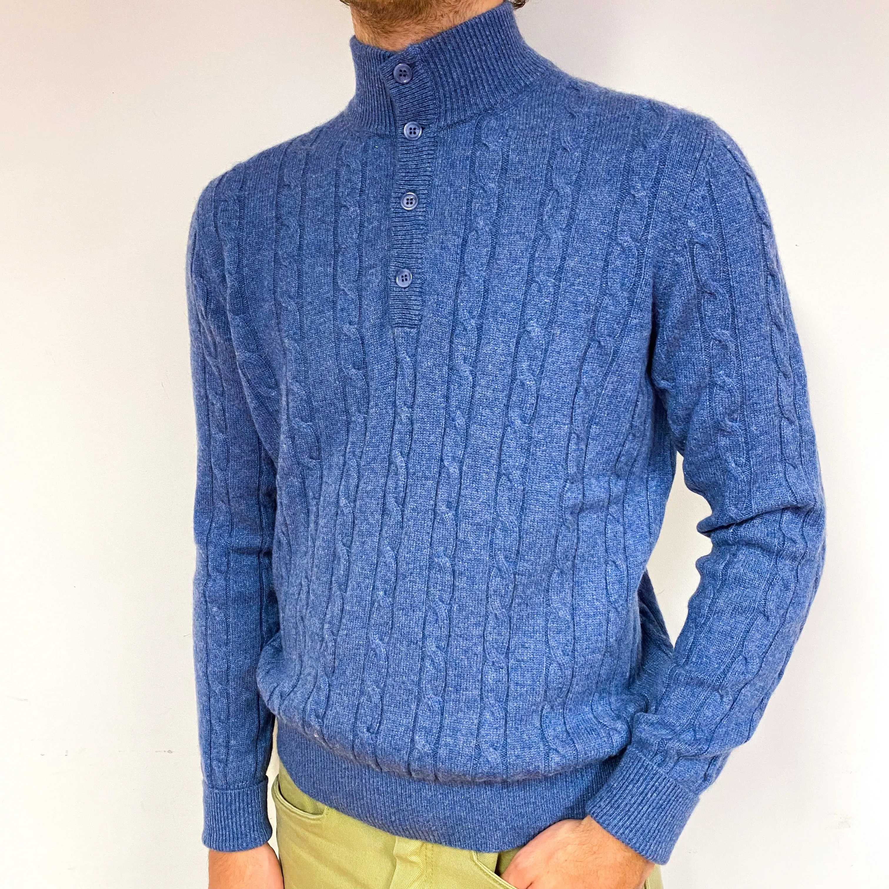 Men's Denim Blue Cashmere Buttoned Turtle Neck Jumper Large