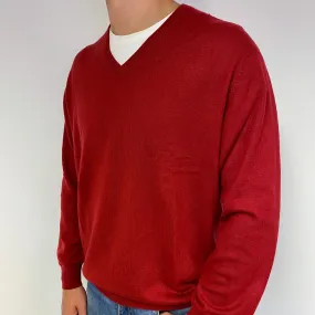 Men's Post Box Red Cashmere V-Neck Jumper