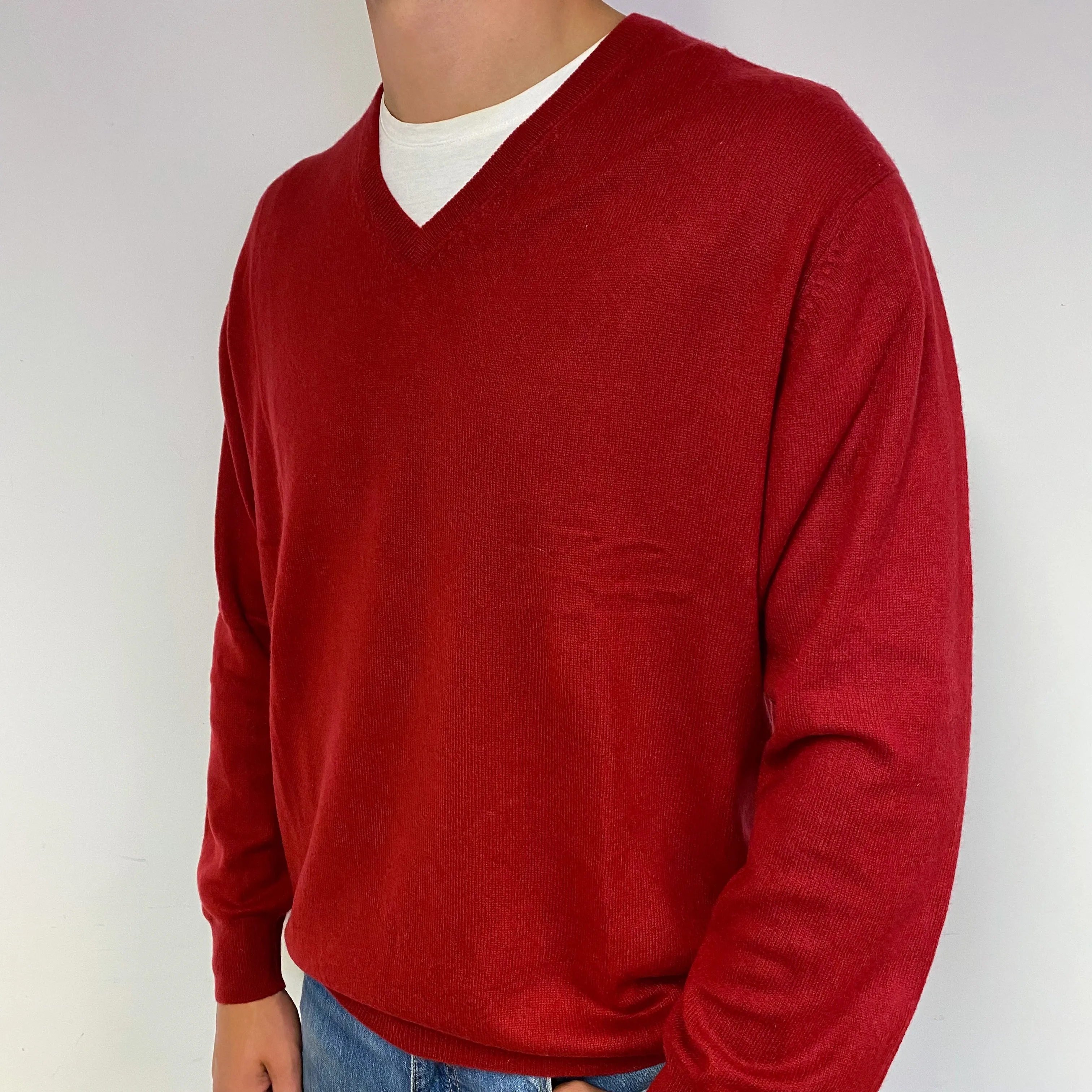 Men's Post Box Red Cashmere V-Neck Jumper