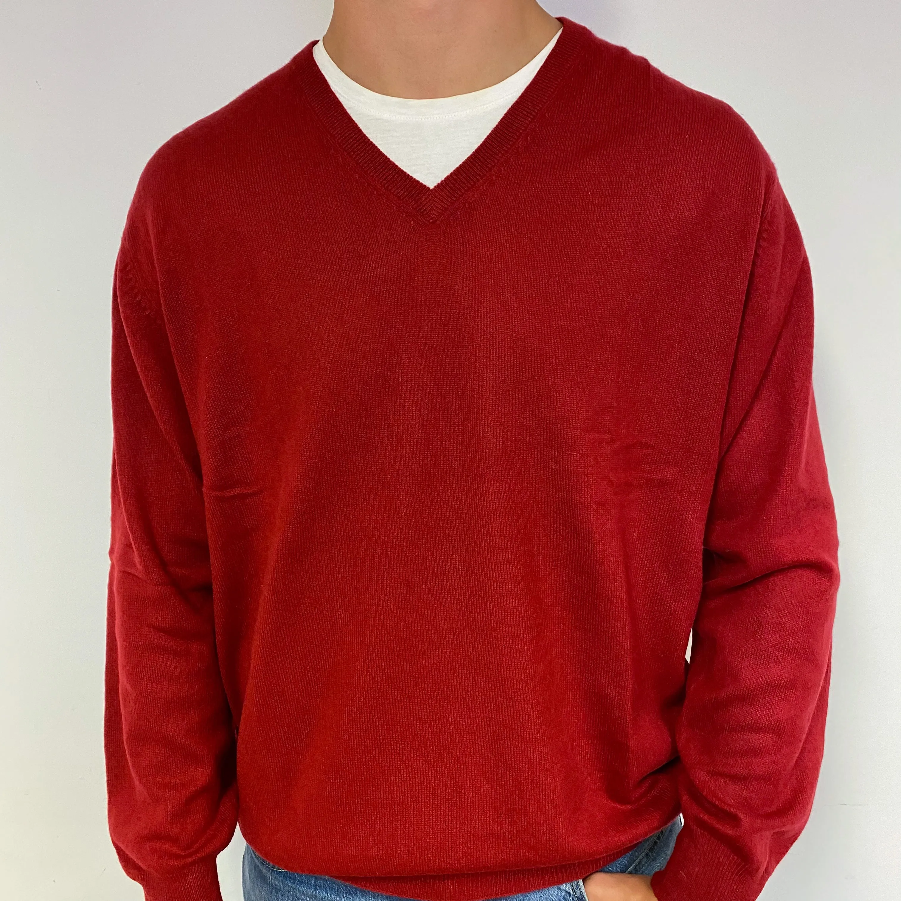 Men's Post Box Red Cashmere V-Neck Jumper