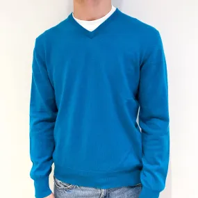 Men's Turquoise Green Cashmere V-Neck Jumper Medium