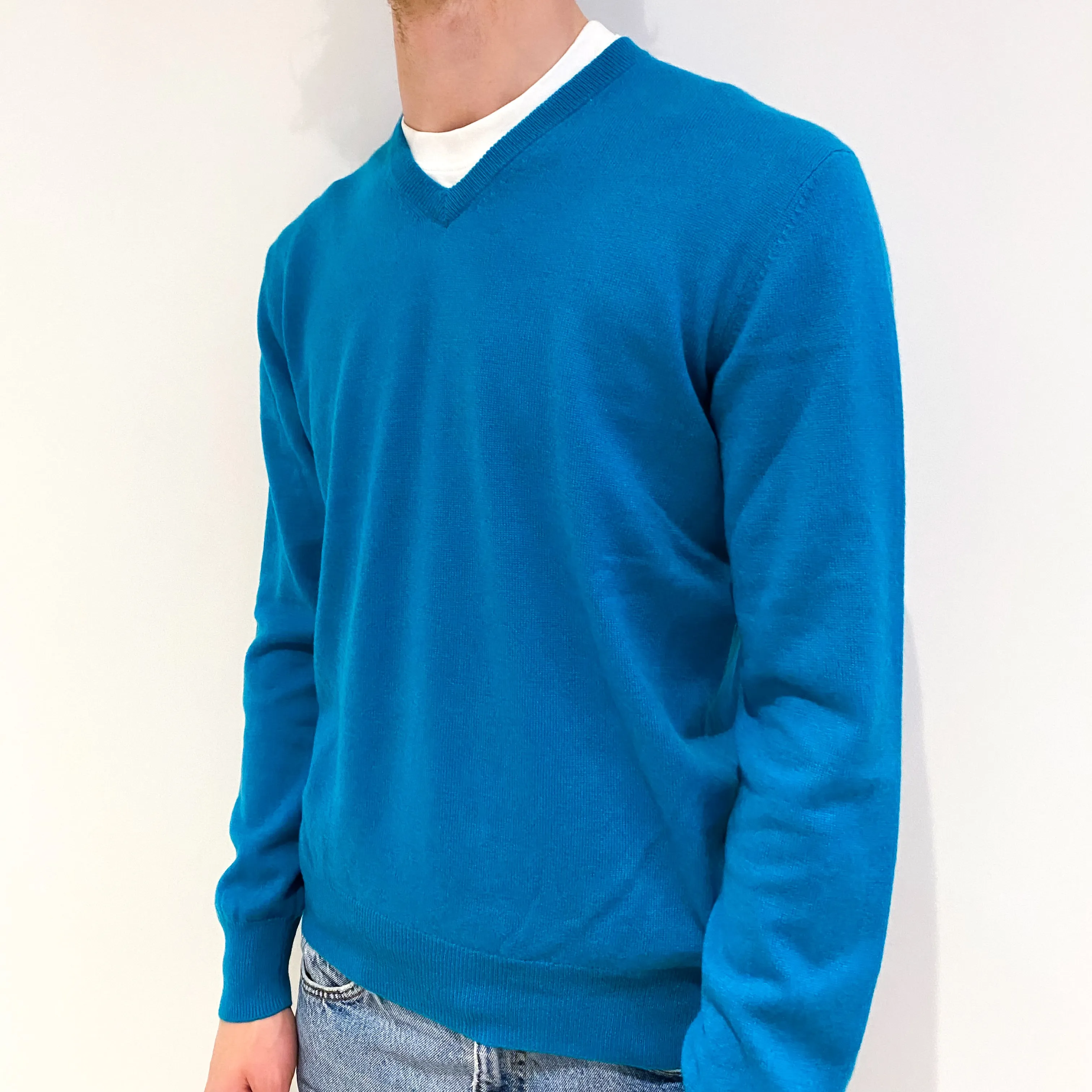 Men's Turquoise Green Cashmere V-Neck Jumper Medium