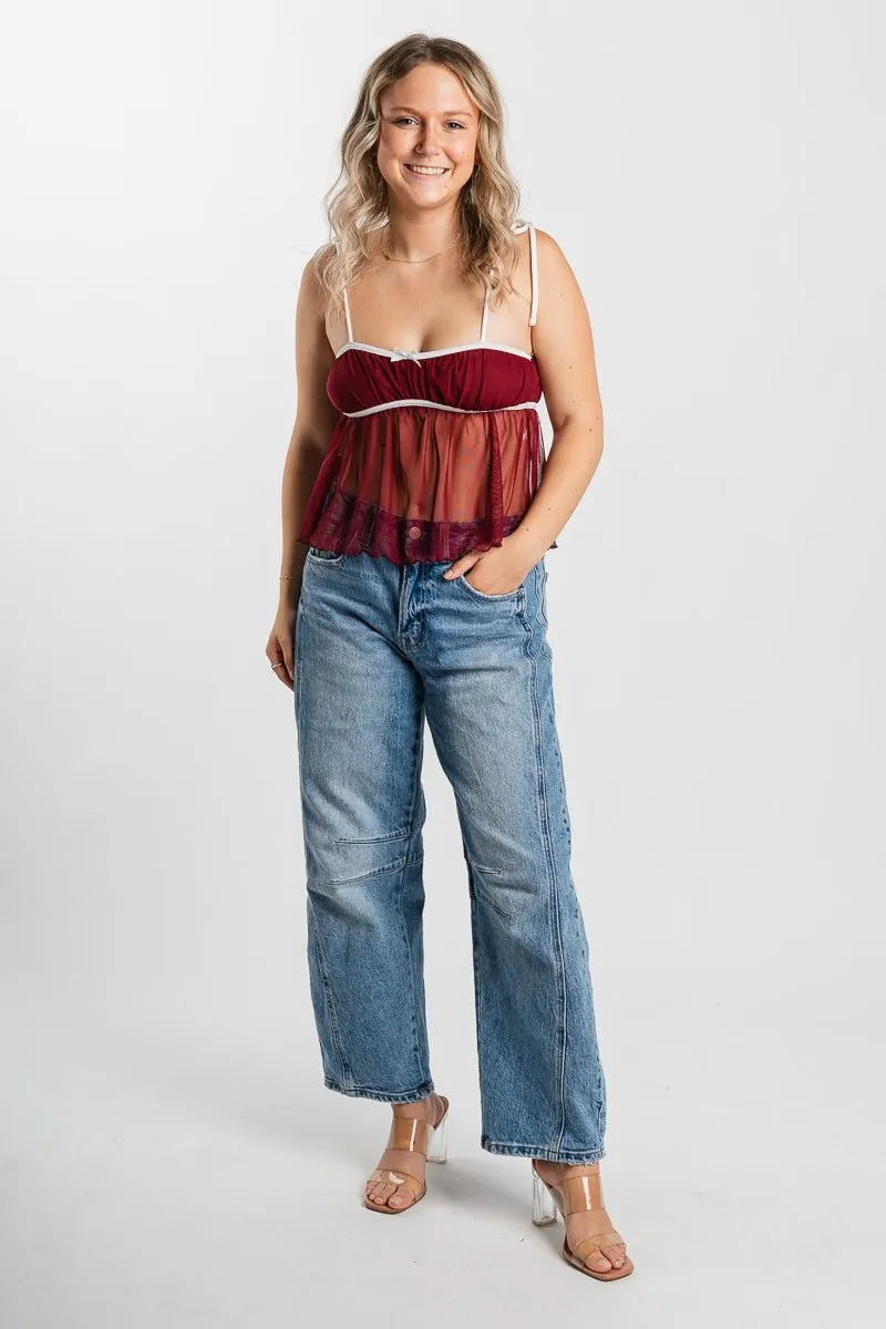 Mesh babydoll tank top burgundy