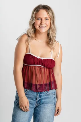 Mesh babydoll tank top burgundy
