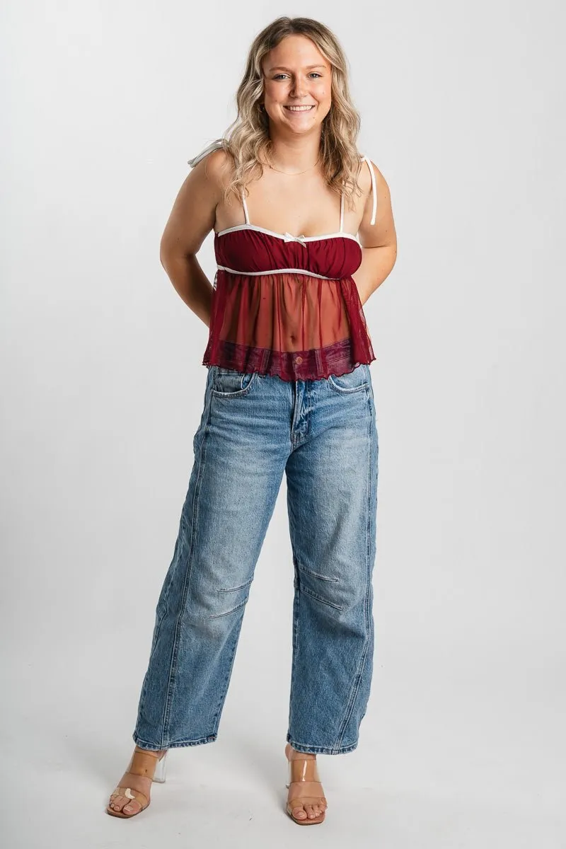 Mesh babydoll tank top burgundy
