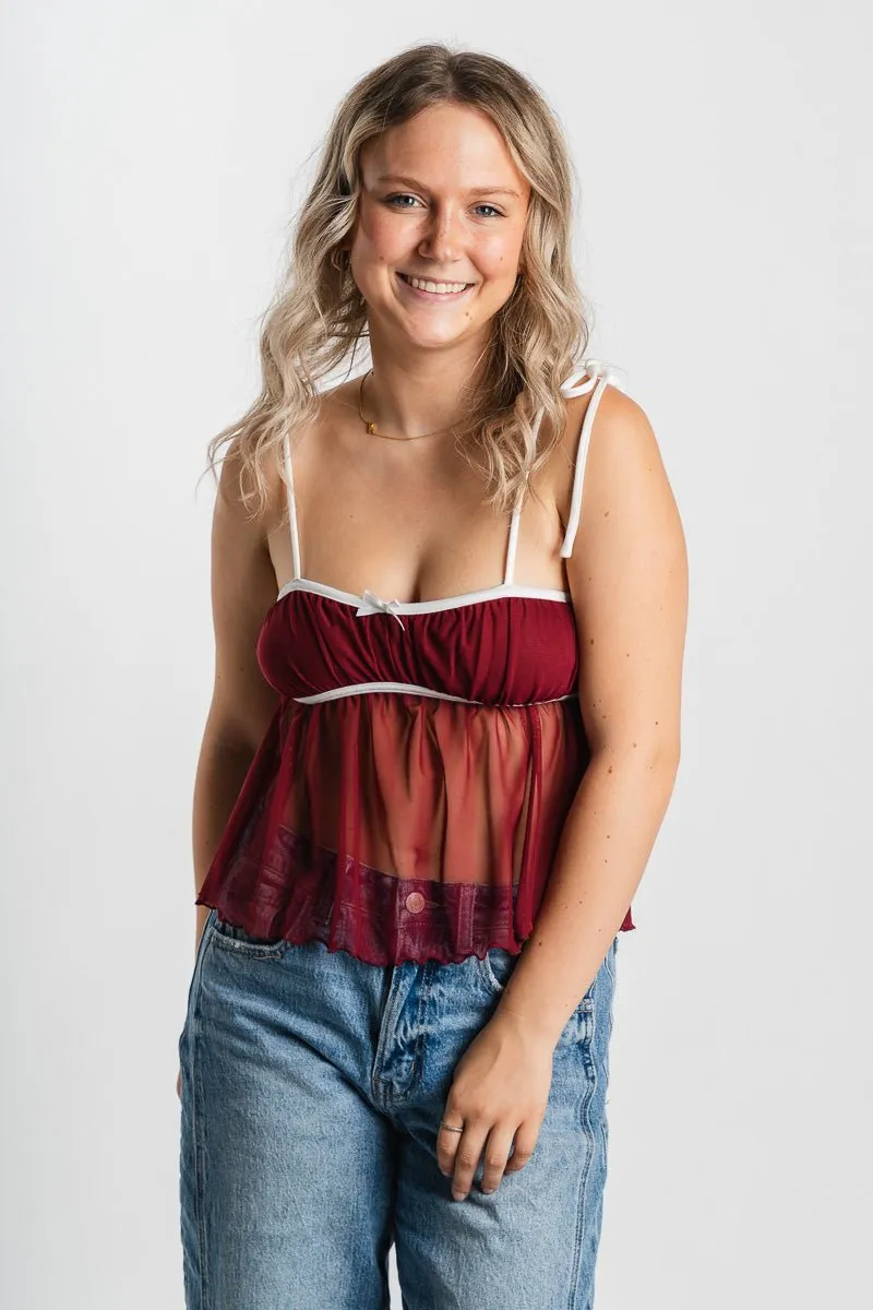 Mesh babydoll tank top burgundy