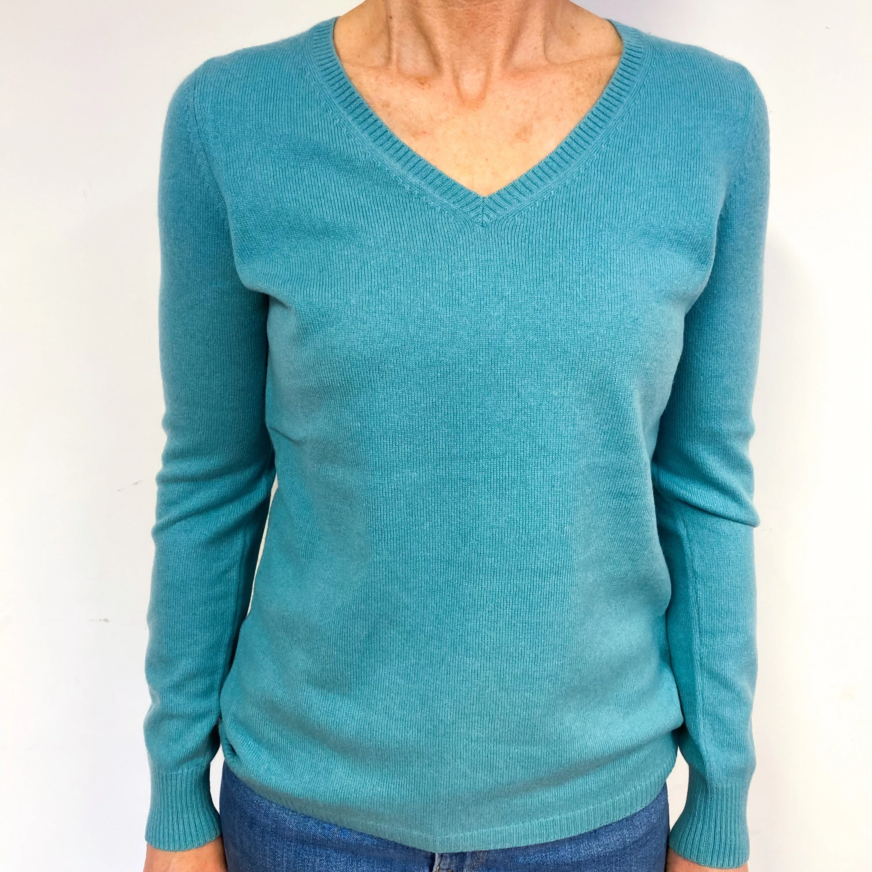 Muted Aqua Blue Cashmere V-Neck Jumper Medium