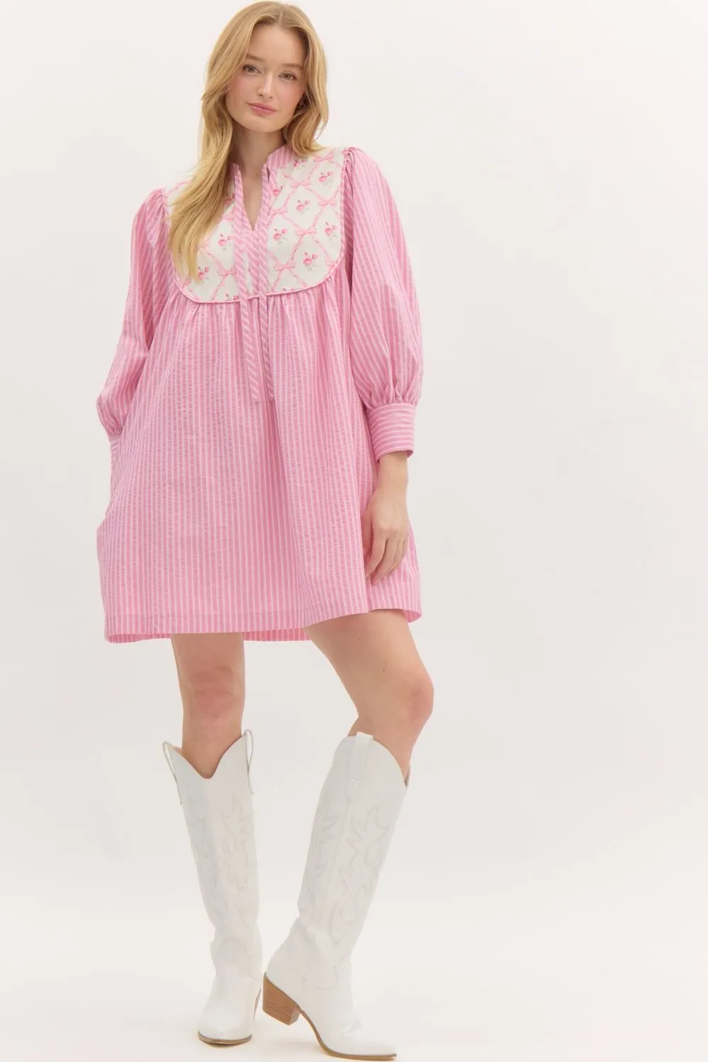 NEWEST ARRIVAL Blue Striped Bow Floral Dress
