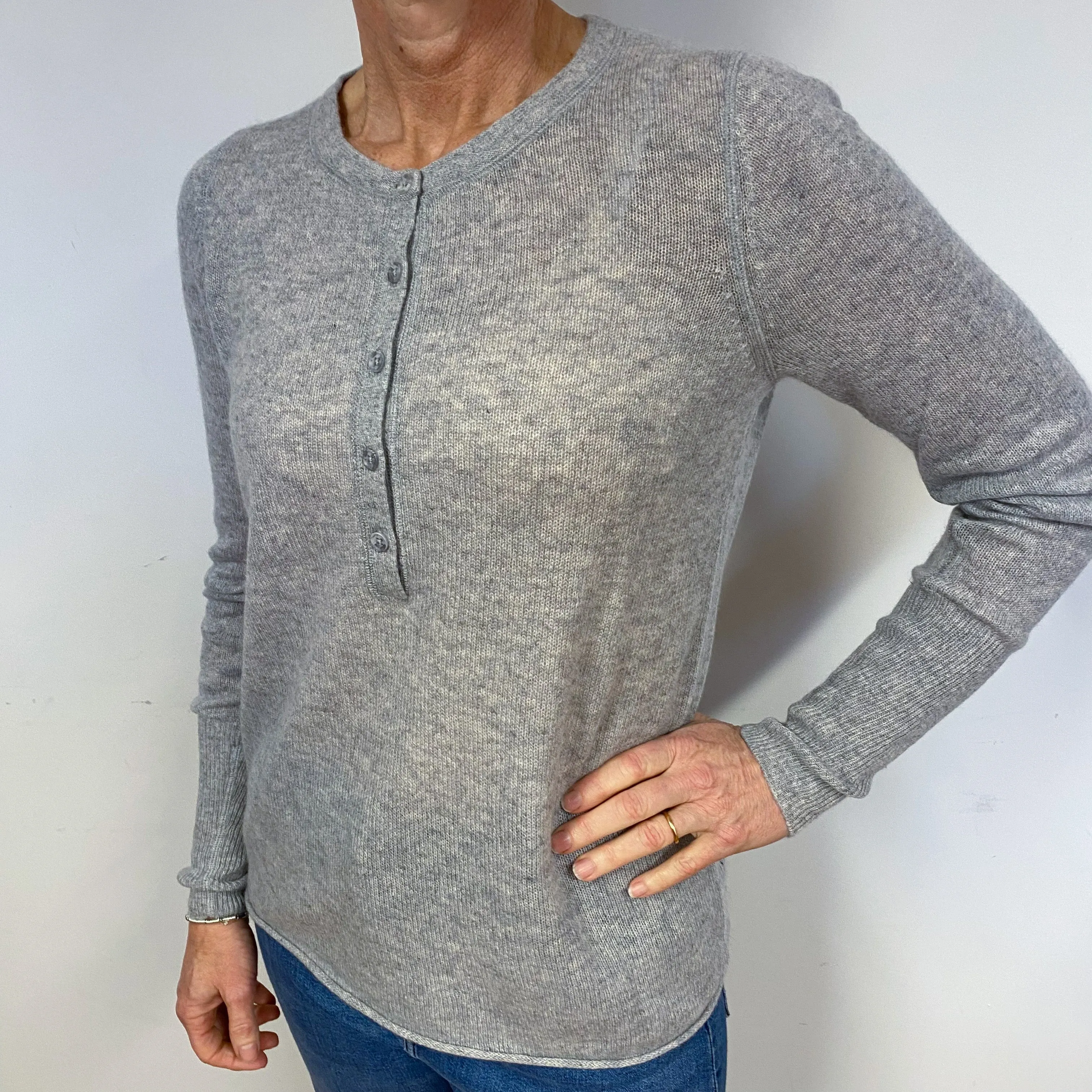 Pale Grey Lightweight Cashmere Button Crew  Neck Jumper Medium