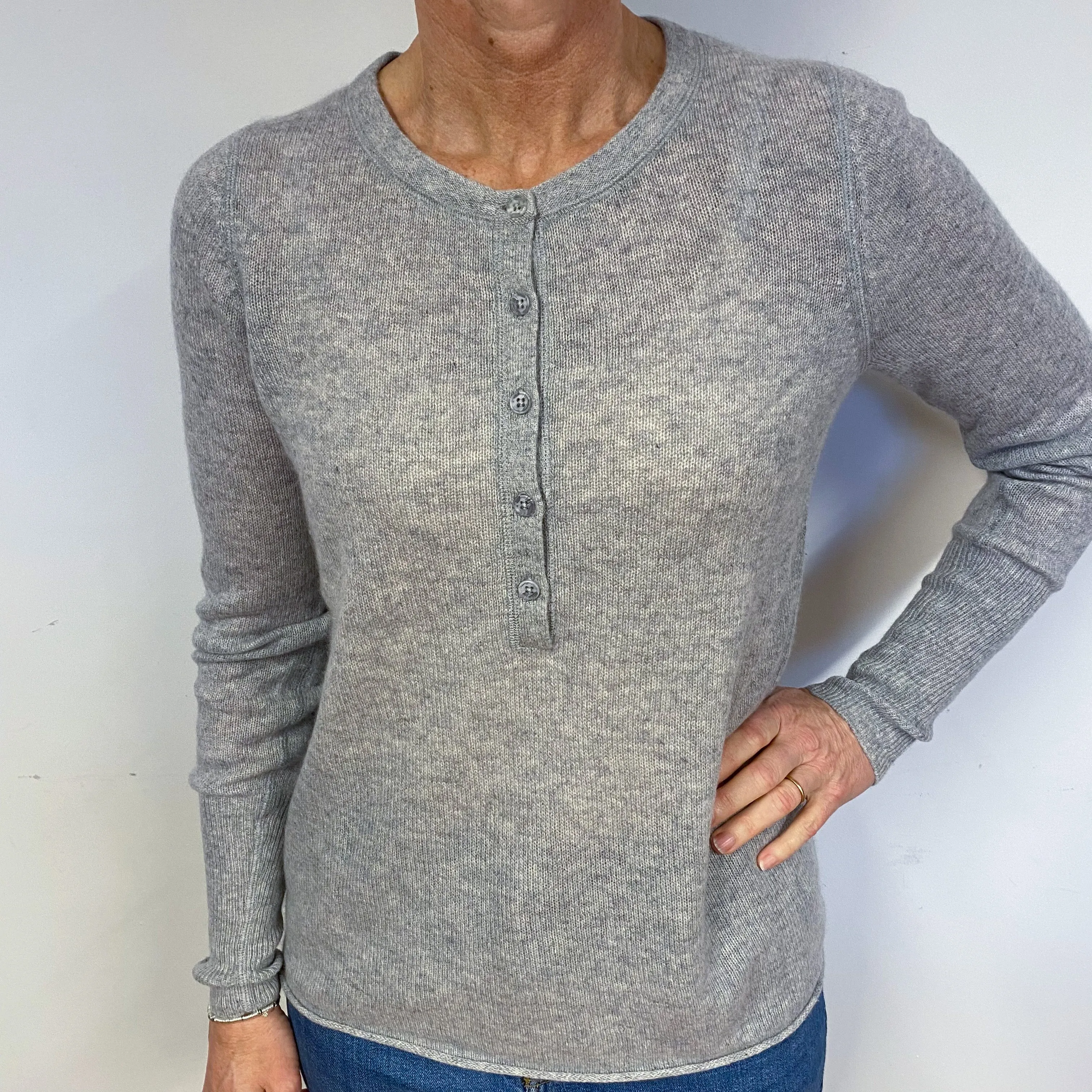 Pale Grey Lightweight Cashmere Button Crew  Neck Jumper Medium