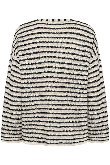 Part Two - NahniPW Long Sleeve V Neck Linen Stripe Jumper