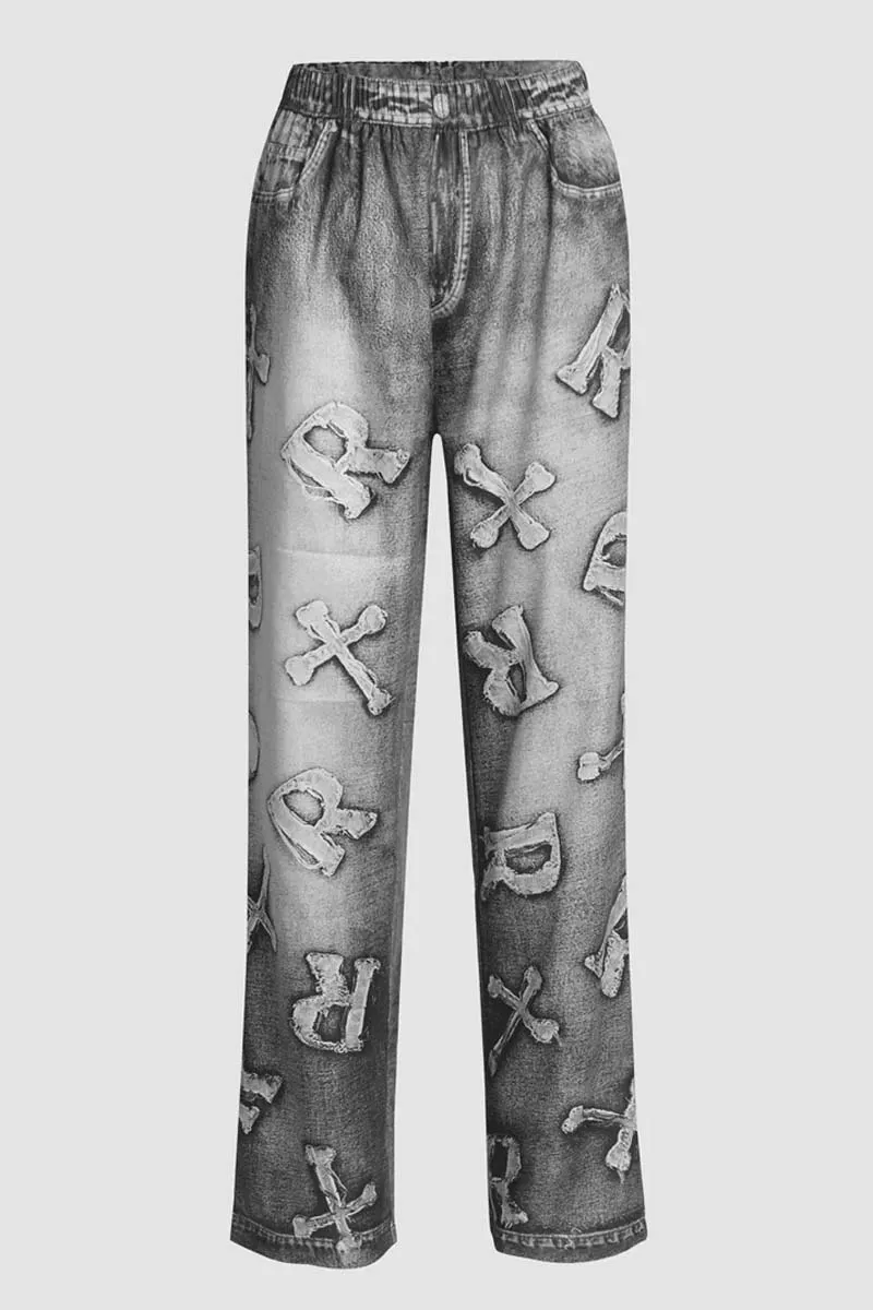 PC791 Loose Fit Denim Print  Pants