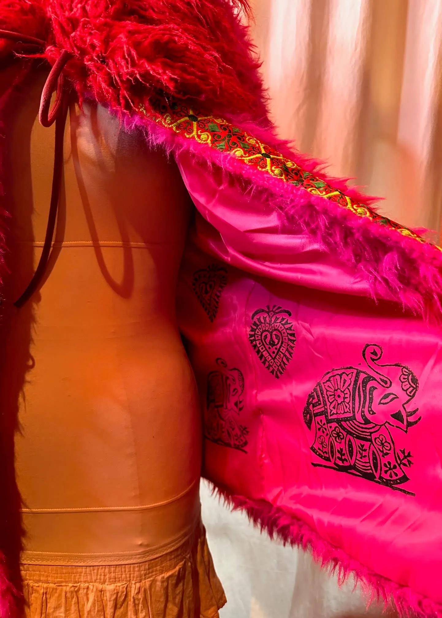 Pink Fake Fur Coat w/ Block Print Lining