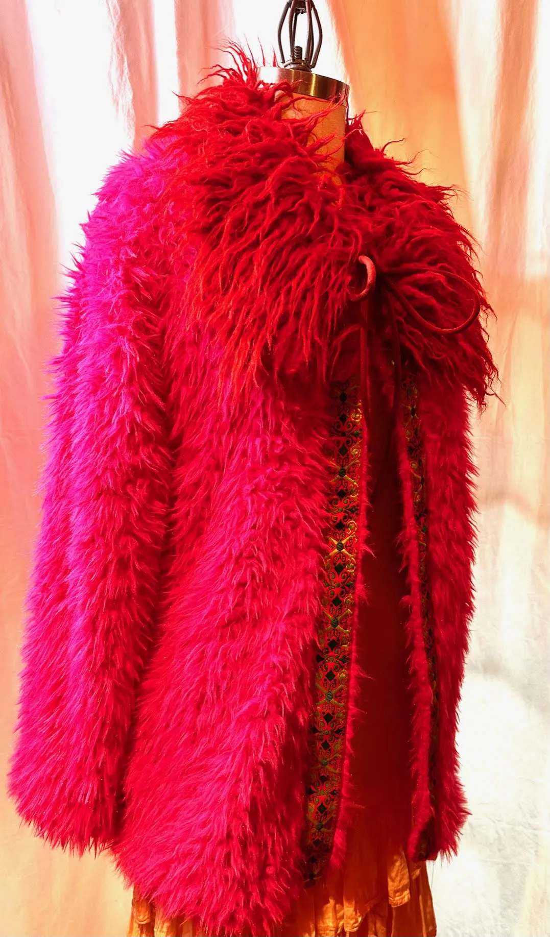 Pink Fake Fur Coat w/ Block Print Lining